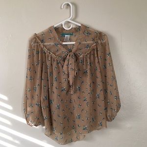 Chic Flowy Blouse with Blue Birds